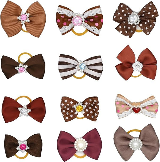 12 Pcs Small Dog Hair Bows with Rubber Bands Bowknot Dog Hair Accessories for Puppy Kitten (Brown)