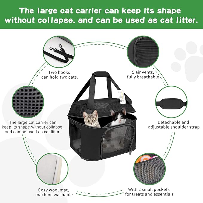 Large Cat Carrier for 2 Cats, Soft Side Carrier for Cats Small Dogs, Collapsible Travel Dog Carrier Oeko-TEX Certified, TSA Airline Approved Cat Carrier Backpack for 20 lbs Cat,Black