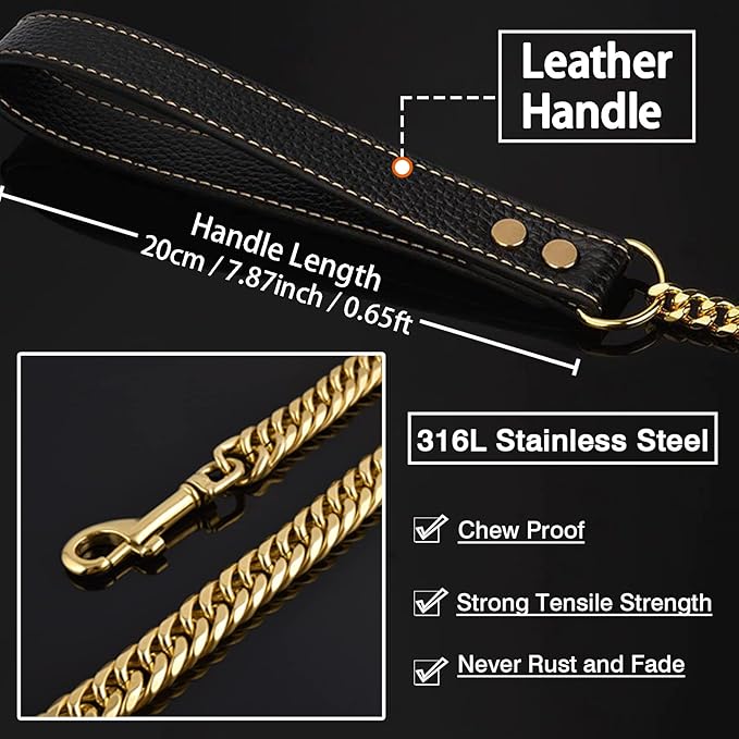 Strong Gold Dog Chain Leash 3FT 4FT 5FT Stainless Steel 12mm Dog Leash with Comfortable Genuine Leather Handle for Large 3FT)