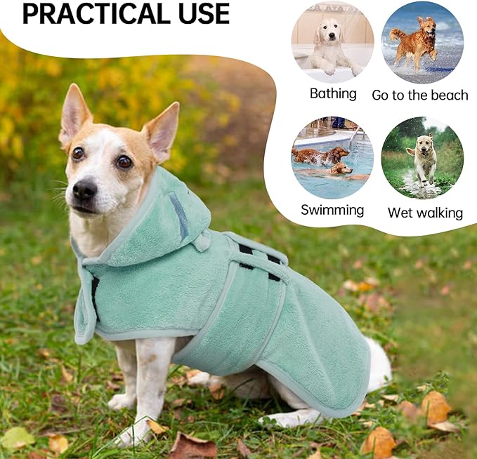 Dog Bathrobe Dog Drying Coat, Microfibre Material Fast Drying Super Absorbent Dog Bath Towel, Magic Sticker & Belly Strap, Dog Robes for After Bath Dog Bath Robe for Puppy Small Medium Large Dog Cat