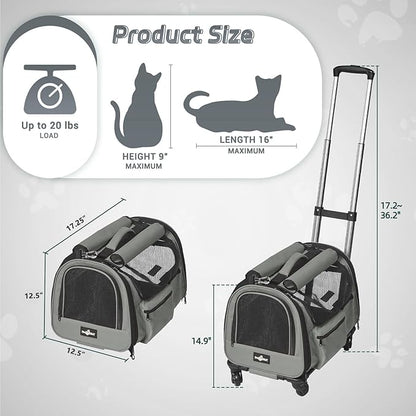 Cat Carrier with Wheels, Foldable Airline Approved Dog Cat Carrier with Wheels for Cat Dog Under 20 lbs, Rolling Cat Carrier Travel Bag with Telescopic Handle for Walking Travel Vet Visits