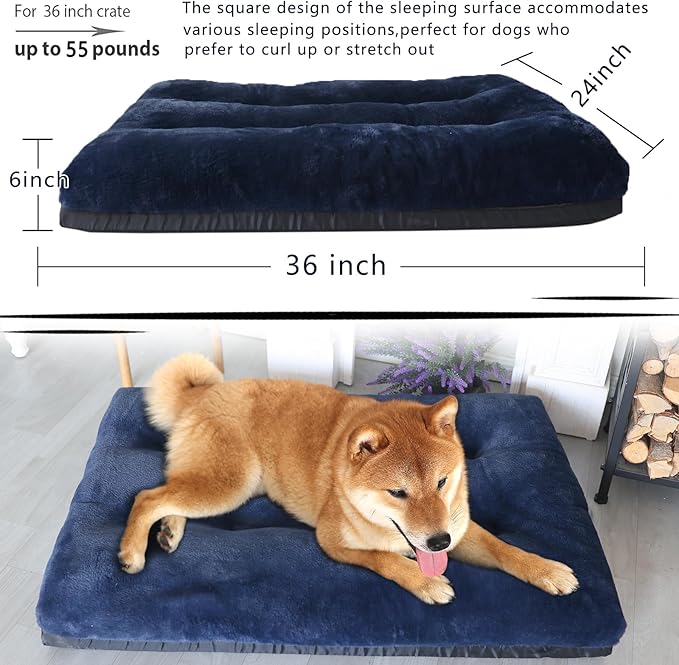 36 Inch Dog Crate Bed Washable,Orthopedic Dog Beds for Medium Dogs with Soft Cozy Calming Plush Pearl Cotton Memory Foam,Dog Bed Medium Size Dog Navy Blue Removable and Nonskid Bottom （36"×24"×6"）