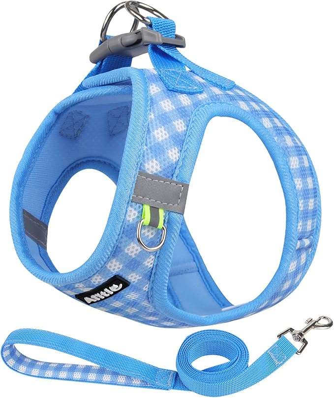 AIITLE Adjustable Dog Harness and Leash Set, Step in No Pull Pet Harness, Soft Mesh Reflective Plaid Vest Harnesses for Small Dogs Puppy and House Cats Outdoor Walking Running Blue XS