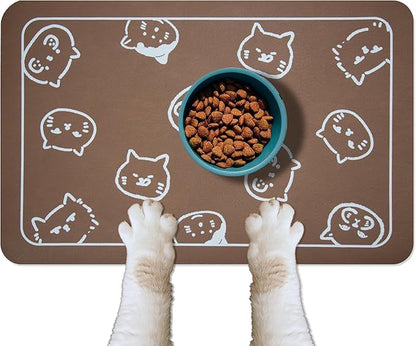 YCT Cat Food Mat for Pet Dog Food Mat, Cat Mat for Food and Water, Cat Feeding Mat Pet Dog Cat Bowl Mat, Non-Slip Super Absorbent, with Multiple cat Heads Logo，24 x 16.9 inches, Brown