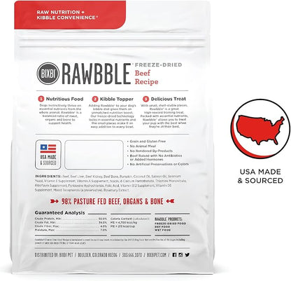 BIXBI Rawbble Freeze Dried Dog Food, Beef Recipe, 4.5 oz - 98% Meat and Organs, No Fillers - Pantry-Friendly Raw Dog Food for Meal, Treat or Food Topper - USA Made in Small Batches