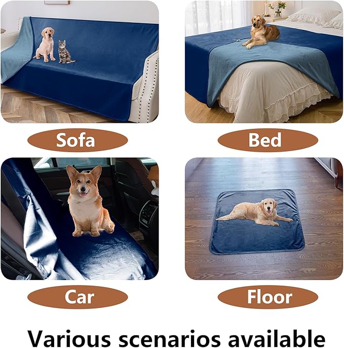 100% Waterproof Dog Blanket,68x82 inches Soft Leak Proof Pet Couch Throw for Sofa, Bed Furniture Protector Covers from Dogs Puppys Cats Washable-Navy Blue+Stone Blue