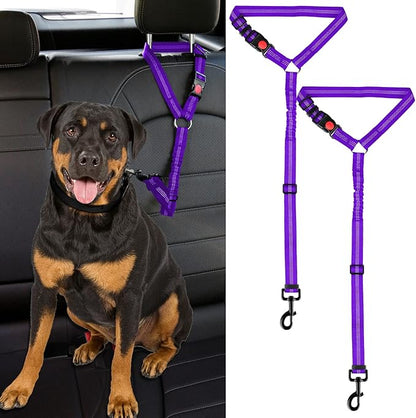 2 Packs Dog Cat Safety Seat Belt Strap Car Headrest Restraint Adjustable Nylon Fabric Dog Restraints Vehicle Seatbelts Harness (Purple Elastic Bungee)