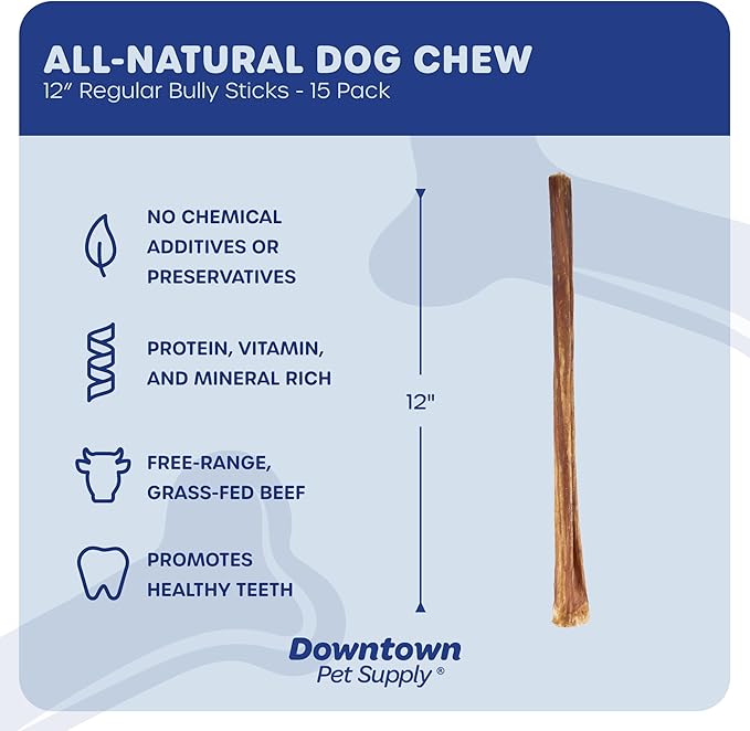 Downtown Pet Supply 12-inch Bully Sticks for Large Dogs, Pack of 15 - Single Ingredient, Rawhide Free Dog Chews for Aggressive Chewers - Nutrient-Rich and Odor Free Bully Sticks for Dogs - Beef