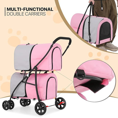 MoNiBloom Double Dog Stroller with Detachable Carrier Bags Large 4 Wheels Foldable Jogger for Small and Medium Dog Cats