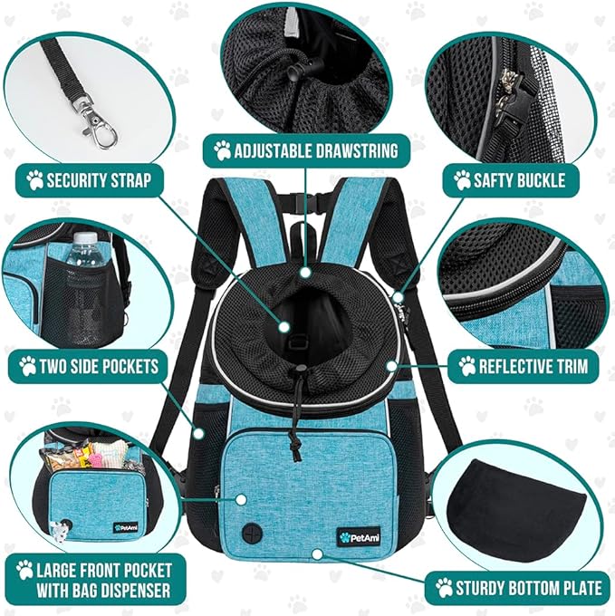 PetAmi Dog Front Carrier Backpack, Adjustable Dog Pet Cat Chest Carrier Backpack, Ventilated Dog Carrier for Hiking Camping Travel, Small Medium Dog Puppy Large Cat Carrying Bag, Max 10 lbs, Teal Blue