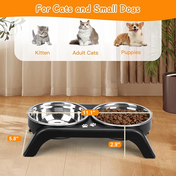 Elevated Cat Bowls - Anti-Vomiting Raised Cat Bowl Stand with 2 Thick Stainless Steel Cat Bowls Non-Slip for Small Medium Indoor Cats & Puppies, Dishwasher Safe, Black