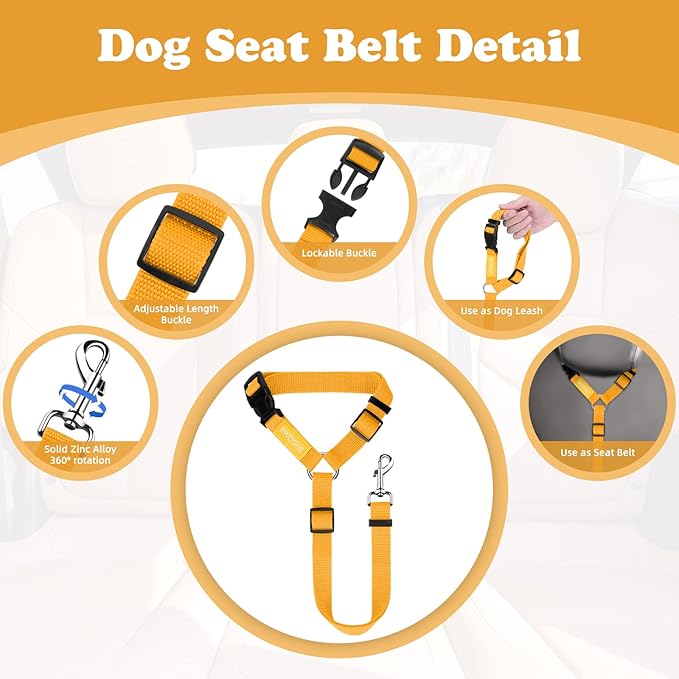 BWOGUE 2 Packs Dog Cat Safety Seat Belt Strap Car Headrest Restraint Adjustable Nylon Fabric Dog Restraints Vehicle Seatbelts Harness Yellow