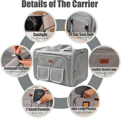 Puppy Carrier Cat Bag Expandable Bunny Small Animal Traveling Outdoor Carry Kennel (Grey,2Sides Expandable)