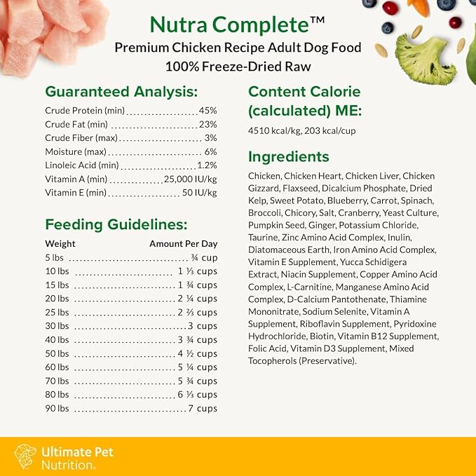 ULTIMATE PET NUTRITION Nutra Complete Raw Freeze Dried Dog Food, Veterinarian Formulated with Antioxidants, Prebiotics & Amino Acids (3 Pound, Chicken)