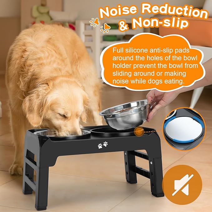 Elevated Dog Bowls, 4 Height Adjustable Raised Dog Bowl Stand with 2 Thick 50oz Stainless Steel Dog Food Bowls Non-Slip Dog Feeder for Large Medium Dogs Adjusts to 3.7", 9.2", 10.75", 12.36" Black