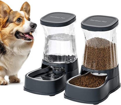 Gardner Pet Automatic Dog Water Dispenser Gravity Stainless Steel Water Waterer & Food Feeder Set, Large Capacity Feeding Bowls for Medium & Large-Sized Dogs Cats Other Pets -(1 Gallon x2)