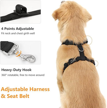 Dog Vehicle Safety Vest Harness, Adjustable Soft Padded Mesh Car Seat Belt Leash Harness with Travel Strap and Carabiner for Most Cars, XXL Size, Black