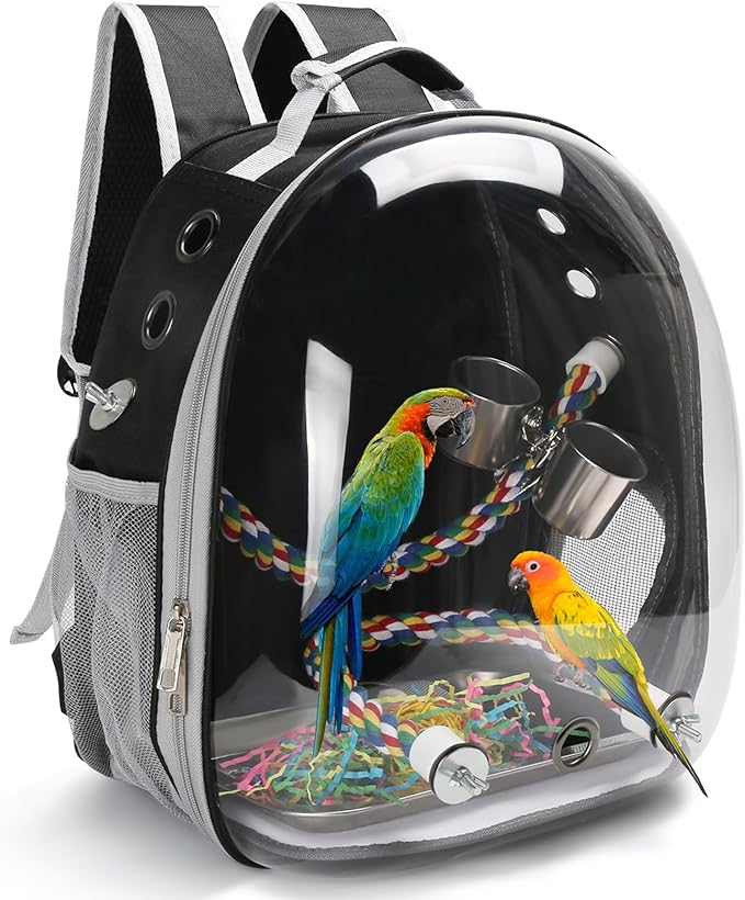 Bird Travel Backpack Carrier, Bird Cage for Small Medium Size Bird Parakeet Budgies Cockatiel, Space Capsule Clear Bubble Window with Stainless Steel Tray Food Bolw Standing Perch (Black)