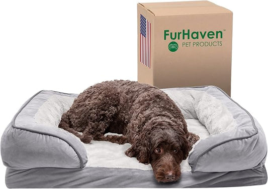 Furhaven Cooling Gel Dog Bed for Large/Medium Dogs w/ Removable Bolsters & Washable Cover 55 lbs