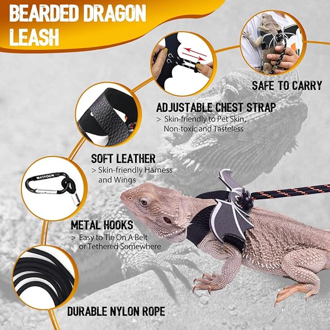 WATFOON Adjustable Lizard Leather Leash Harness and Bearded Dragon Carrier Sling, Reptile Small Pet Training Leashes and Beardie Snuggle Sling Bag for Outdoor Travel (L Black Sling)