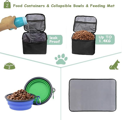 WOLT | Pet Travel Bag Kit for Dog Carrier & Travel, Includes 2 Food Containers + 2 Collapsible Bowls + 1 Placemat, Airline Approved Organizer for Pet Supplies Essentials Camping, Hiking, Weekend Away