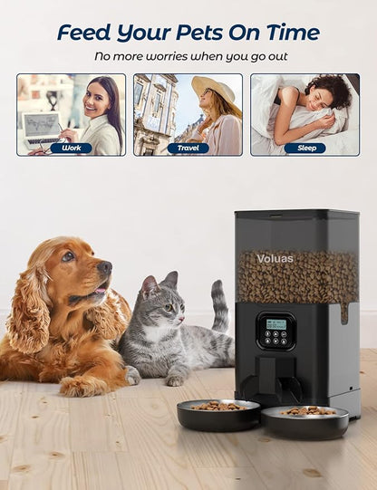 Voluas Automatic Cat Feeders for Two Cats, Double Pet Feeder with 2 Stainless Steel Bowls,6L Timed Cat Feeder with Memory Function, Pet Food Dish