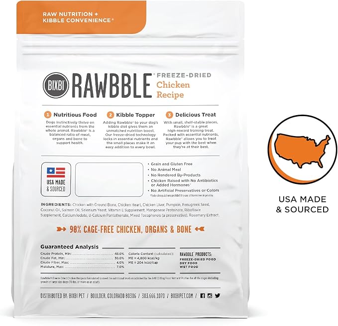 BIXBI Rawbble Freeze Dried Dog Food, Chicken Recipe, 4.5 oz - 98% Meat and Organs, No Fillers - Pantry-Friendly Raw Dog Food for Meal, Treat or Food Topper - USA Made in Small Batches