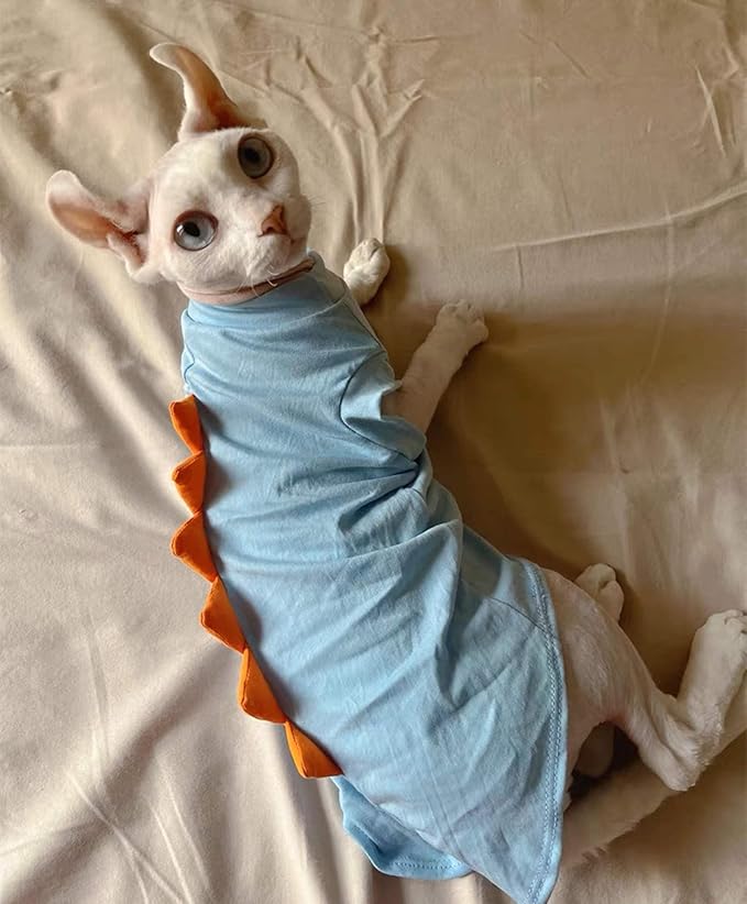 Dinosaur Sphynx Hairless Cat Clothes Cute Summer Cotton Shirts Cat Costume Pet Clothes Kitten T-Shirts Cats Small Dogs Apparel (Lake Blue