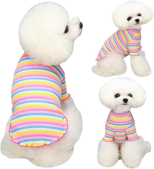 Small Medium Dog Clothes Rainbow Striped Dog Shirts Stretchable Long Sleeve Cat T-Shirt Pet Outfits for Chihuahua Yorkie Teddy (Pink Edge