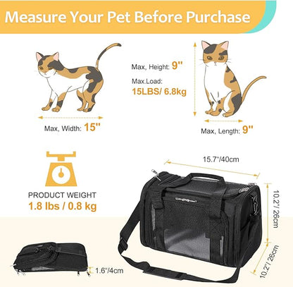 Cat Dog Carrier Up to 15 Lbs TSA Airline Approved Pet Carrier for Small Medium Cats Puppies Dog Carriers for Small Dogs Collapsible Soft Sided Cat Travel Carrier - Black 15.7"x10.2"x10.2"