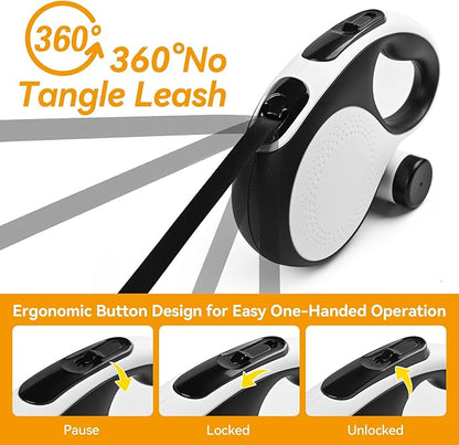 Retractable Dog Leash 16ft 360° Tangle-Free, 6-in-1 with 2 Poop 110lbs. (White, 16ft)