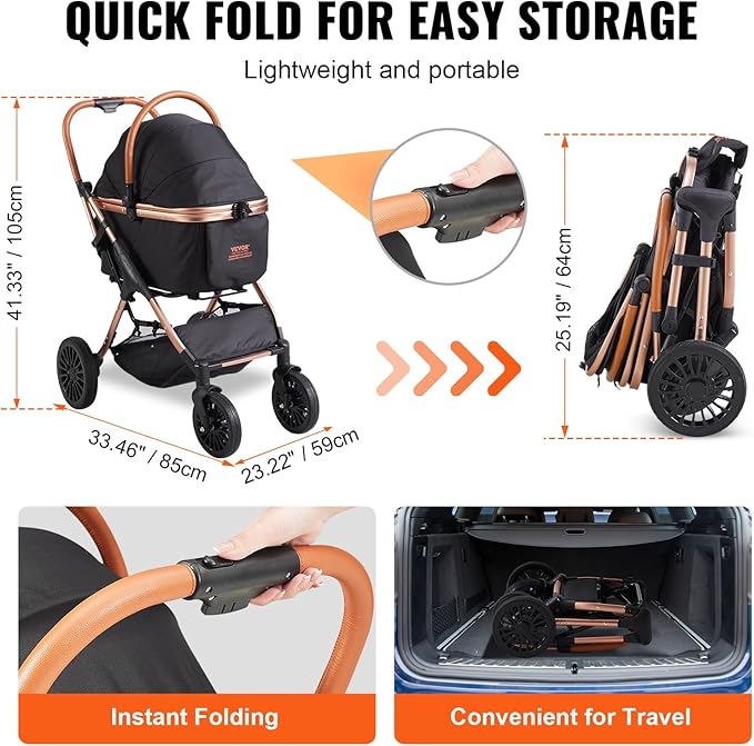 VEVOR 3 in 1 Large Pet Stroller for Dogs Cats Up to 66lbs 4 Wheels 2 Cats