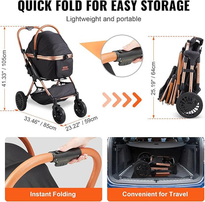VEVOR 3 in 1 Large Pet Stroller for Dogs Cats Up to 66lbs 4 Wheels 2 Cats