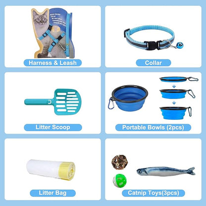 Pet Carrier Bag Soft-Sided & Portable Cat Travel Litter Box, 15pcs Cat Stuffs Included in Cat Travel Carrier Kit, Pet Nail Clipper, Brush, Bowls, Harness and Leash, Collar, Gloves, Catnip Toys