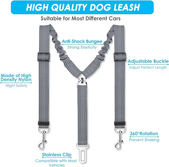 SlowTon Dog Seat Belt, Double Dog Seatbelt Adjustable Vehicle Safety Leash with Elastic Bungee Buffer, Reflective No Tangle Y Shape Two Dog Harness Seat Belt Splitter for Pets Car Trip (Grey, M)