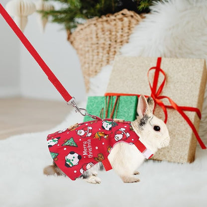 Adjustable Christmas Rabbit Harness and Leash Set, Small Animal Christmas Costume Bunny Clothes Santa Snowman Pattern Outfit for Ferret Guinea Pig Rabbit Bunny Hamster(Red/M)