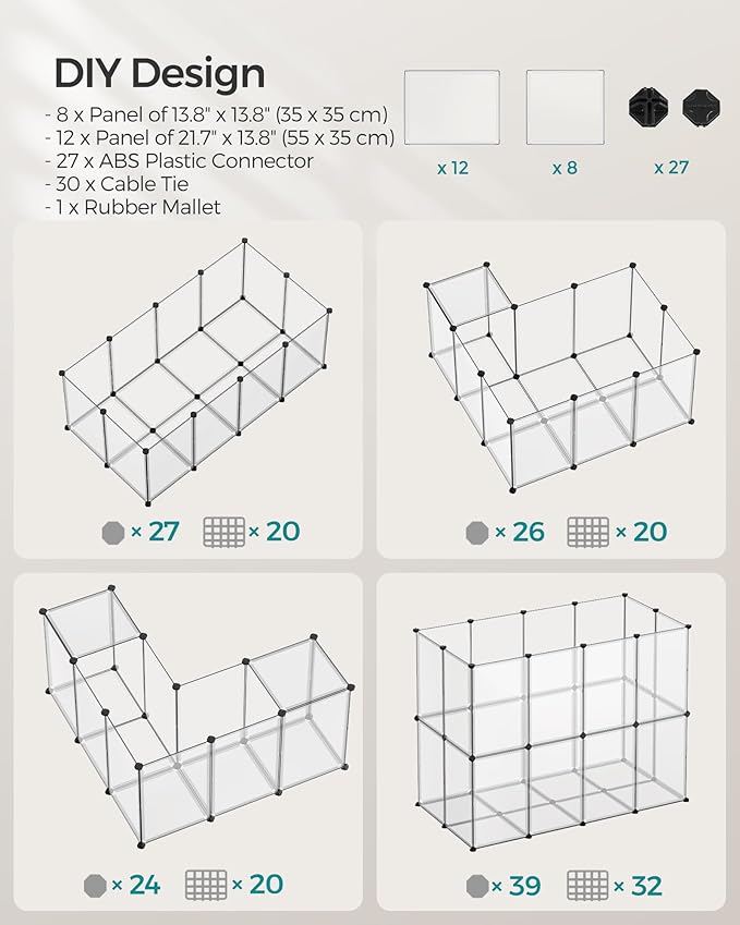 SONGMICS Pet Playpen with Floor, Small Animal Pen, Pet Fence Indoor, DIY Plastic Enclosure for Hamsters, Hedgehogs, 57.1 x 28.3 x 22.4 Inches, White ULPC007W01