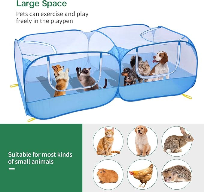 Jhua Pet Playpen for Small Animals, Portable Chicken Run with Detachable Bottom and Cover, Foldable Chicken Coop Indoor Outdoor Pet Pen with Transparent Mesh Walls for Chicken Duck Puppy Cat Rabbit