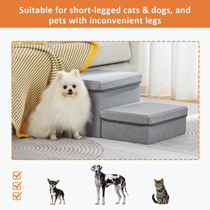 2 Step Folding Dog Step Stairs,Foldable Dog Stairs with 2 Storage Boxes for High Bed & Sofa,Pet Storage Stepper & Safety Ladder for Cats Dogs up to 60 pounds