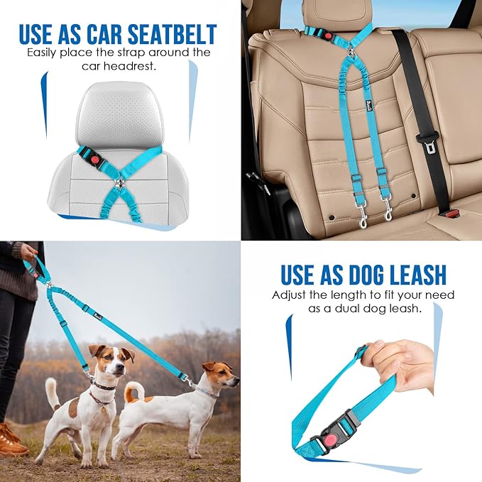 Lukovee Double Dog Seat Belt, New Dual Pet Car Headrest Restraint Safety Seatbelt No Tangle Dog Leash Duty Adjust Elastic Bungee Puppy Lead Splitter Connect Harness in Vehicle Travel for 2 Dogs (TBL)