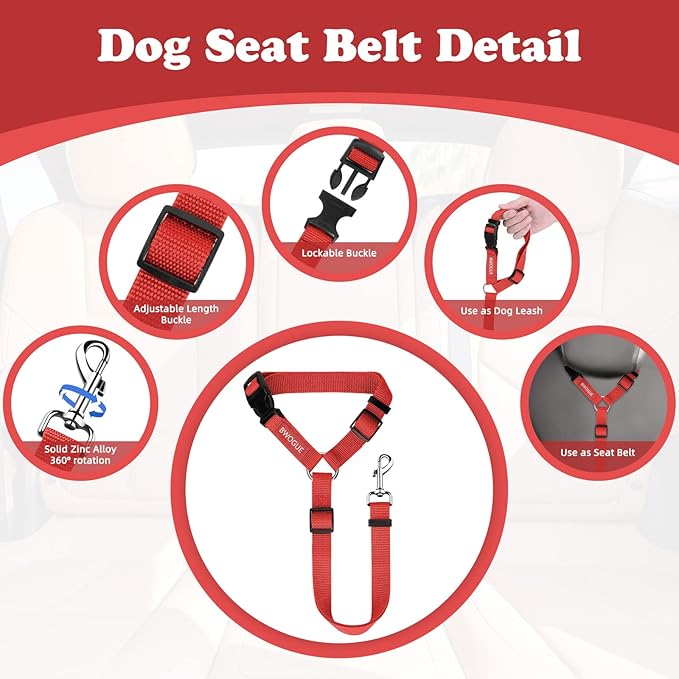 BWOGUE 2 Packs Dog Cat Safety Seat Belt Strap Car Headrest Restraint Adjustable Nylon Fabric Dog Restraints Vehicle Seatbelts Harness