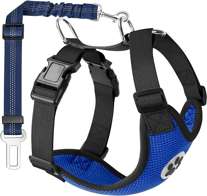 Lukovee Dog Seat Belt for Car, Adjustable Dog Car Harness for Large Medium Small Dogs, Soft Padded & Breathable Mesh Dog Seatbelt with Car Vehicle Connector Strap (Blue,Medium)