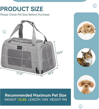 PETSFIT Cat Carrier, Pet Carrier Airline Approved, Soft Carrier for Small and Medium Cats Under 12 Lbs, Soft Cat Travel Carrier, Kitten Carrier with Extendable Mat, Grey