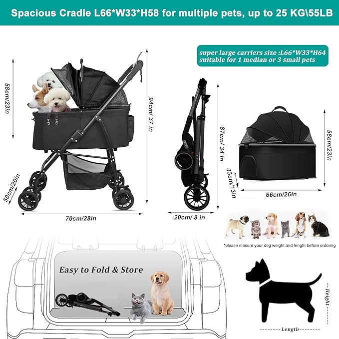 MILA&LOUIS Foldable Dog Stroller 4 Wheels 3 in 1 Folding 30lbs