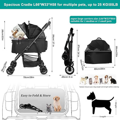 MILA&LOUIS Foldable Dog Stroller 4 Wheels 3 in 1 Folding 30lbs