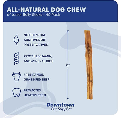 Downtown Pet Supply Bully Sticks for Dogs, Junior Size (6", 40-pack) Rawhide Free Dog Chews Long Lasting Non-Splintering Pizzle Sticks - Low Odor Bully Sticks for Small Dogs