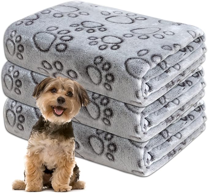 1 Pack 3 Dog Blankets for Small Dogs, Soft Fleece Dog Blanket Fluffy Pet Blanket Warm Sleep Mat Grey Cute Paw Print Puppy Cat Blanket, Flannel Throw for Washable Dog Bed, Blanket for Dogs, 23"X16"