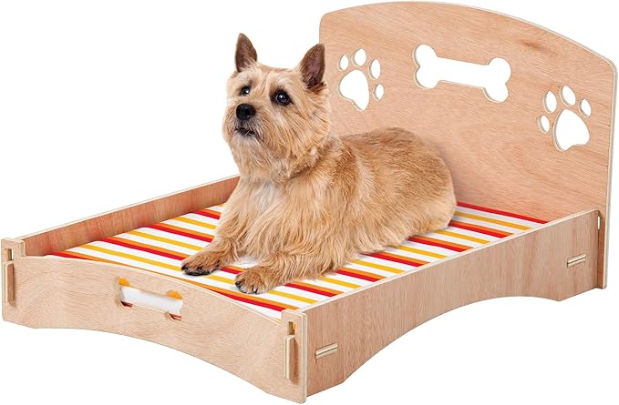 Etna Products Wooden Dog Bed Bone and Footprint Design with Removable Stripe Cushion 22" L 16" W 12" H