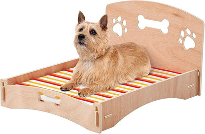 Etna Products Wooden Dog Bed Bone and Footprint Design with Removable Stripe Cushion 22" L 16" W 12" H