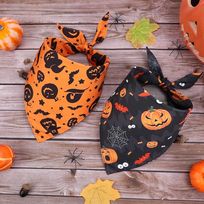 Vivifying Halloween Dog Bandanas 2 Pack, Sorceress Hat and Pumpkins Halloween Accessories for Pets, Dog Scarf Costume for Trick-or-Treating, Photo Prop, and Party Decor (Large, Orange & Black)